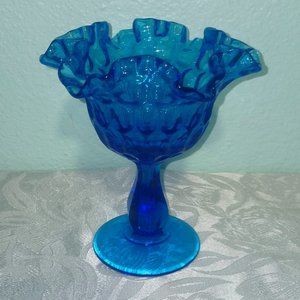 Vintage Fenton Colonial Blue Thumbprint Ruffle Top Pedestal Bowl